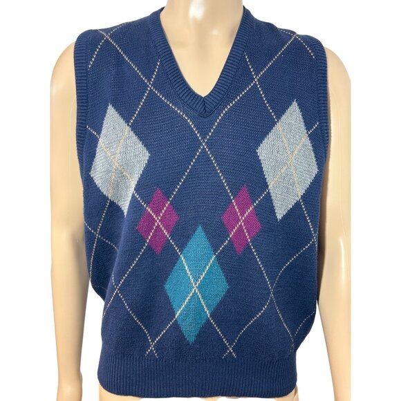 Isle Of Cotton Men’s Vintage Vest L Navy Multi Diamond Pattern Retro Golf Rugby - Picture 1 of 13